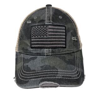 American Flag Ponyback Strapback Trucker Hat Camouflage OSFA Distressed C.C.